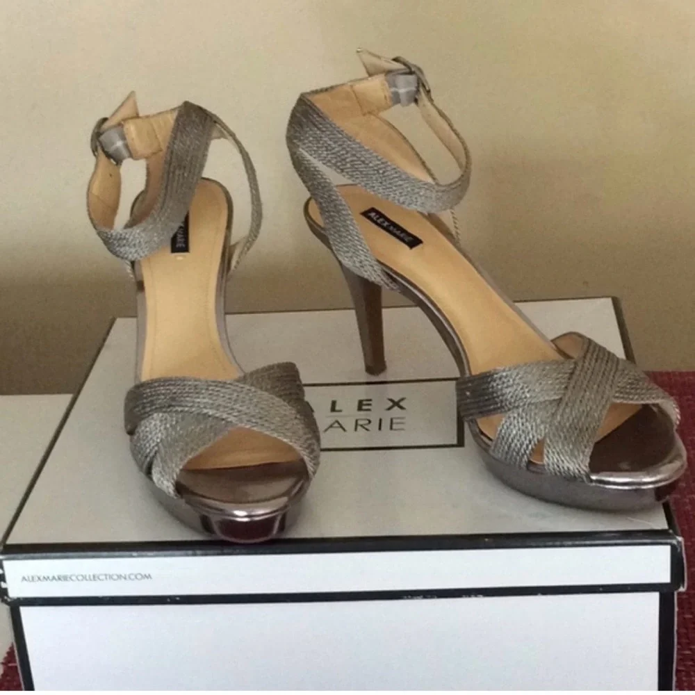✨ Stunning Alex Marie Silver Strappy Heels| Metallic Open Toe Sandals| Size: 8